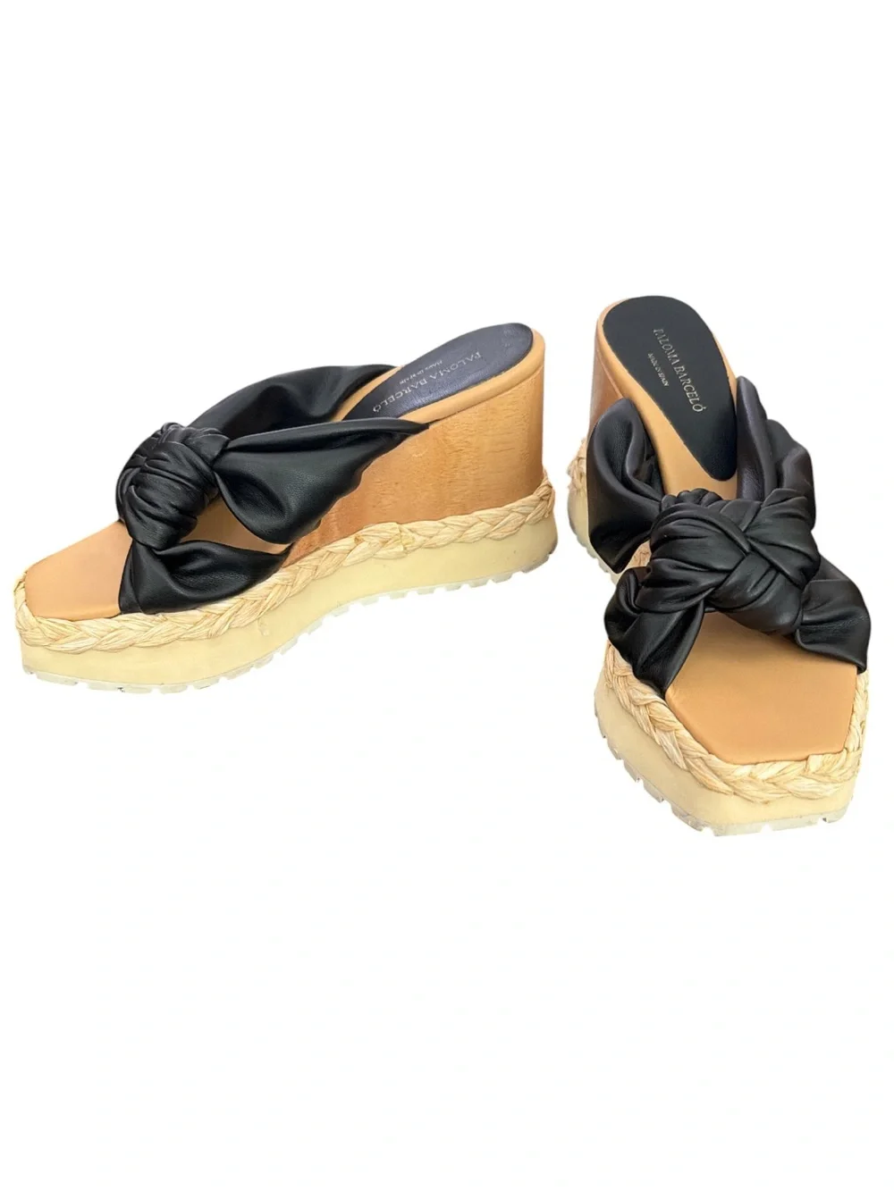Paloma Barceló Black Leather Knot Wedge Sandals Raffia Wood Platform Sz 7